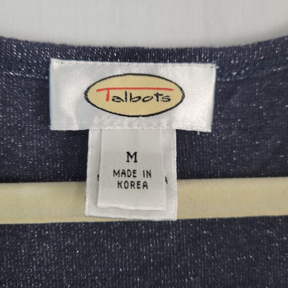 Vintage Talbots V-neck 3/4 Sleeve Shimmer Cardigan size M navy silver 90s office - Picture 4 of 7